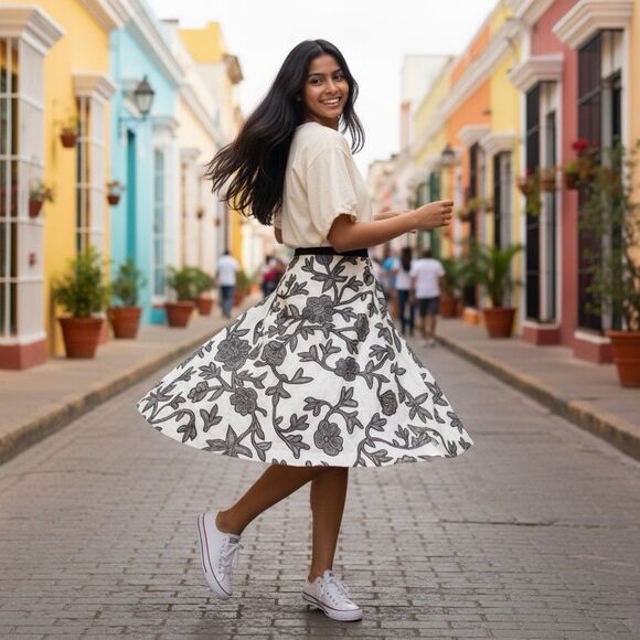 White House Black Market Cotton Linen A Line Skirt White Black Floral -Size 2 - Picture 6 of 7